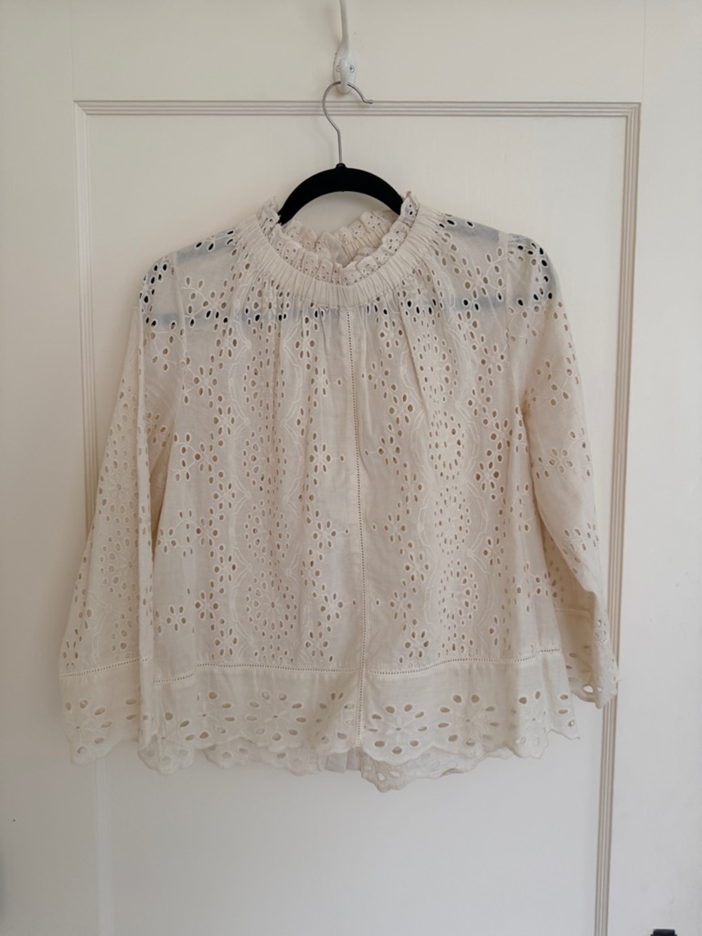 100% Cotton Eyelet Embroidered Long Sleeve Button Down Back Blouse - Ivory
